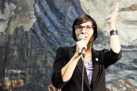 Athabasca Chipewyan First Nation spokesperson Eriel Deranger speaks out against the oilsands at a recent event in Vancouver. Photo by David P. Ball