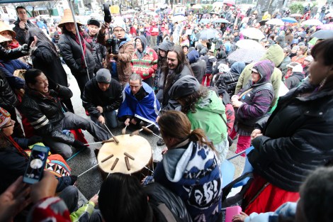 A Dakota group drums in honour of Chief Theresa Spence's hunger strike, as 600 people attending an Idle No More rally in Vancouver, B.C. pray for her health. Photo by David P. Ball