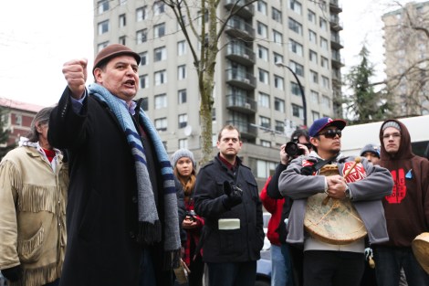 Frank Brown, Heiltsuk from Bella Bella, speaks outside Joint Review Panel hearings into the Enbridge Northern Gateway pipeline. Photo by David P. Ball