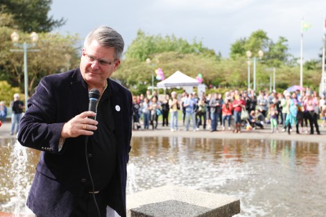 "All members of our community need to feel safe and secure . . . they need to feel they are given the opportunity to express themselves and to grow," Abbotsford Mayor Bruce Banman told the crowd. Photo by David P. Ball