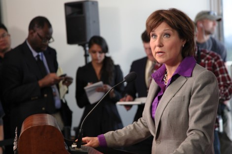 Premier Christy Clark with reporters at her first post-election press conference. Some journalists think it's getting harder to get politicians to answer tough questions. Photo by David P. Ball