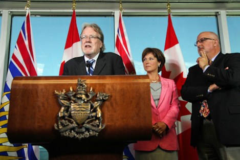 'People don't care about politics; they care about jobs,' said Premier Christy Clark when asked about labour's support for the NDP last election. Clark, along with BC Federation of Labour president Jim Sinclair (left) and Tom Sigurdson (right), today announced an LNG jobs training committee. Photo by David P. Ball