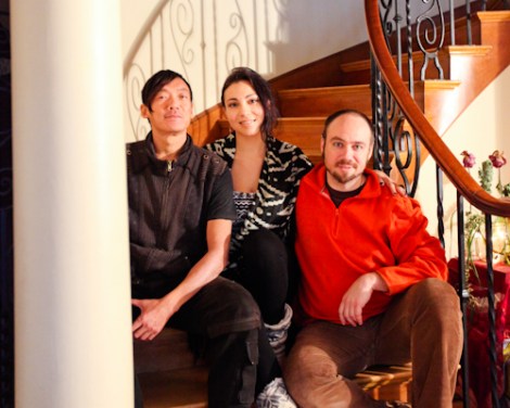 From left, Jeet-Kei Leung, Phoenix Muranetz and Erik Paulsson in the South Vancouver mansion they share with several other friends. Photo by David P. Ball